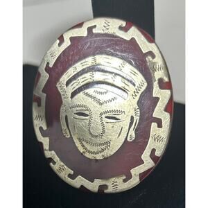Vintage Mexican Sterling Silver & Red Enamel Face Mask Brooch Pin 2.25"